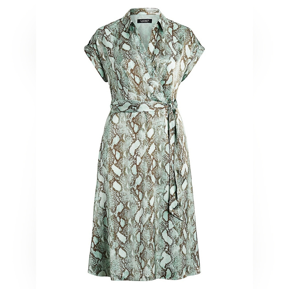 Ralph Lauren Mint & Brown Snake-Print Wrap Midi Dress